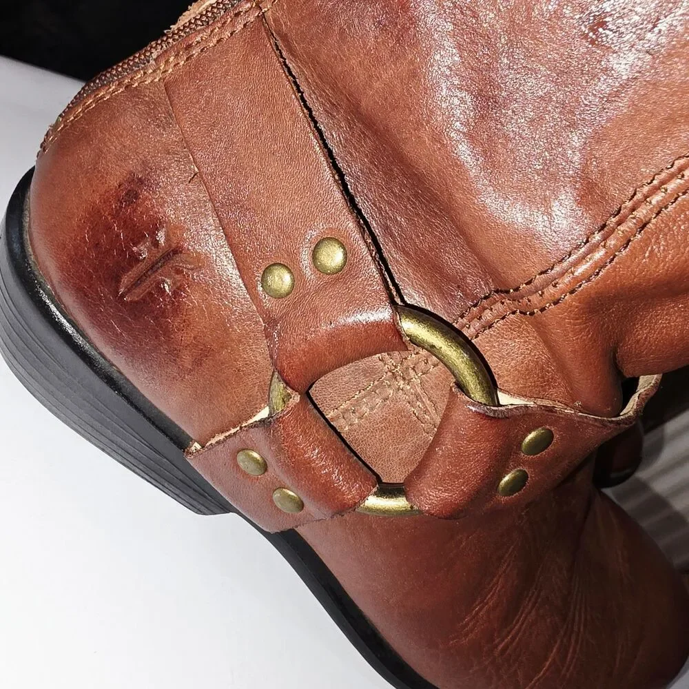 FRYE PHILLIP HARNESS Sz4 Vintage Youth Cognac Brown Zip Up Distressed Tall Boots